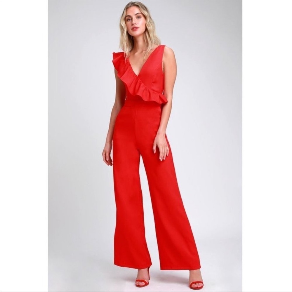 DO+BE Curve- Sure To Be Seen Sleeveless Ruffled Red Jumpsuit- 2X